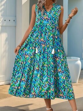 Blue Green Geo Maxi Dress With Tassel Tie